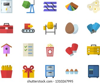 Color flat icon set concrete mixer flat vector, tool bag, color scheme, switch box, egg, French fries, popcorn, nesting, conveyor, present, to do list, paper tray, archive, boxing gloves