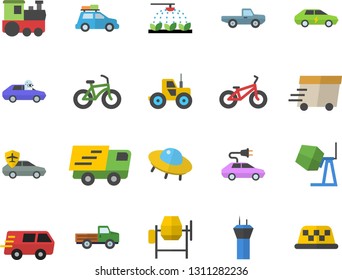 Color flat icon set concrete mixer flat vector, pickup truck, tractor, sprinkling machine, electric cars, autopilot, trucking, express delivery, ufo, bicycle, train fector, car, airport tower, taxi