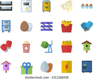 Color flat icon set concrete mixer flat vector, switch box, egg, French fries, popcorn, nesting, present, paper tray, archive, boxing gloves, safe fector