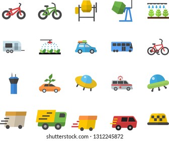 Color flat icon set concrete mixer flat vector, sprinkling machine, eco cars, trucking, express delivery, ambulance, ufo, bicycle, car fector, trailer, bus, airport tower, taxi