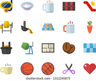 Color flat icon set concrete mixer flat vector, house layout, tile, flooring, scissors, dish, coffee beans, carrot, tea, metallurgy, basketball, escalator fector, swimming mask, heart