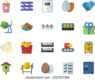 Color flat icon set concrete mixer flat vector, color scheme, switch box, egg, French fries, popcorn, nesting, conveyor, present, to do list, paper tray, archive, boxing gloves, safe fector