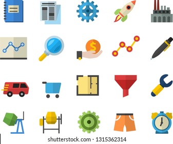 Color flat icon set concrete mixer flat vector, house layout, plant, cogwheel, wrench, grocery trolley, funnel, magnifier, investments, scatter chart, news, trucking, notebook, point diagram, pen