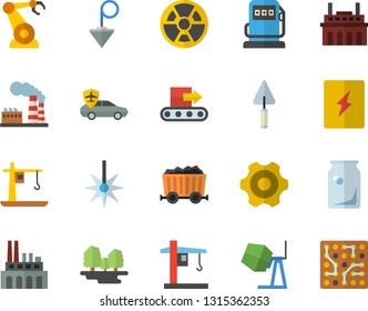 Color flat icon set concrete mixer flat vector, trowel, cogwheel, switch box, construction plummet, refueling, factory, forest, plant, conveyor, radiation, crane, autopilot, laser, robotics, mining