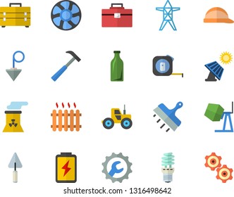 Color flat icon set concrete mixer flat vector, trowel, tape measure, tool bag, hard hat, repair, putty knife, construction plummet, hammer, tractor, ventilation, battery, solar, power line support