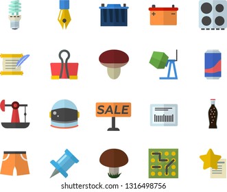 Color flat icon set concrete mixer flat vector, electric stove, lemonade, mushroom, oil pumping, accumulator, energy saving lamp, sell out, barcode, ink pen, hostory roll, electronic circuit