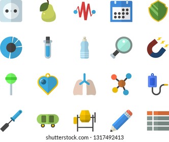 Color flat icon set concrete mixer flat vector, kitchen spatula, lollipop, pear, socket, magnet, medical warmer, molecules, lungs, calendar, clircle diagram, pencil, magnifier, beakers, skateboard