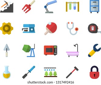 Color flat icon set concrete mixer flat vector, trowel, cogwheel, tape measure, shower, ax, kitchen spatula, microwave, coffee machine, sprinkling, pitchfork, wrench, mining, stethoscope, archive