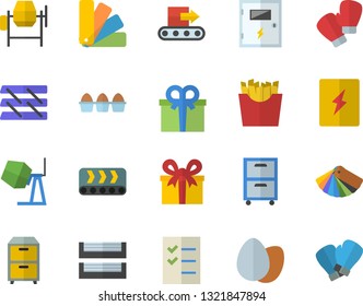 Color flat icon set concrete mixer flat vector, color scheme, switch box, egg, French fries, conveyor, present, to do list, paper tray, archive, boxing gloves