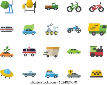 Color flat icon set concrete mixer flat vector, pickup truck, eco cars, electric, autopilot, trucking, express delivery, ambulance, lunar rover, ufo, bicycle, train fector, car, motorcycle, taxi
