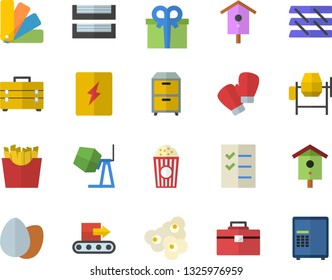 Color flat icon set concrete mixer flat vector, tool bag, color scheme, switch box, egg, French fries, popcorn, nesting, conveyor, present, to do list, paper tray, archive, boxing gloves