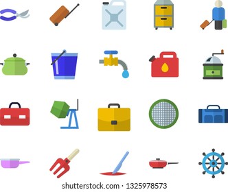 Color flat icon set concrete mixer flat vector, saucepan, frying pan, saute, coffee grinder, sieve, pitchfork, secateurs, bucketful, water tap, canister, case, briefcase, scalpel, archive, sport bag