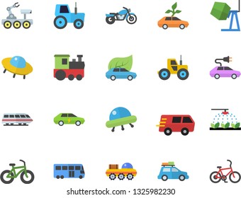 Color flat icon set concrete mixer flat vector, tractor, sprinkling machine, eco cars, electric, trucking, lunar rover, ufo, bicycle, train fector, car, bus, motorcycle