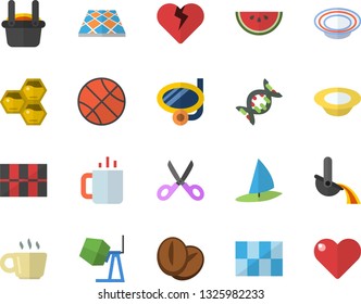 Color flat icon set concrete mixer flat vector, tile, flooring, scissors, watermelon, dish, coffee beans, tea, honeycomb, metallurgy, dna, basketball, swimming mask fector, windsurfing, heart