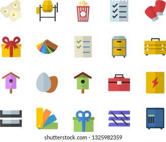 Color flat icon set concrete mixer flat vector, tool bag, color scheme, switch box, egg, popcorn, nesting, present, to do list, paper tray, archive, boxing gloves, safe fector