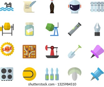 Color flat icon set concrete mixer flat vector, level meter, heating batteries, electric stove, mushroom, lemonade, shovel, oil pumping, sell out, medical analysis, ampoule, ink pen, hostory roll