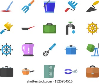 Color flat icon set concrete mixer flat vector, trowel, paint roller, saucepan, frying pan, saute, meashuring cup, electric kettle, whisk, pitchfork, secateurs, bucketful, water tap, case, scalpel