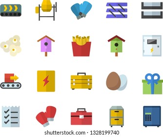 Color flat icon set concrete mixer flat vector, tool bag, switch box, egg, French fries, popcorn, nesting, conveyor, present, to do list, paper tray, archive, boxing gloves, safe fector