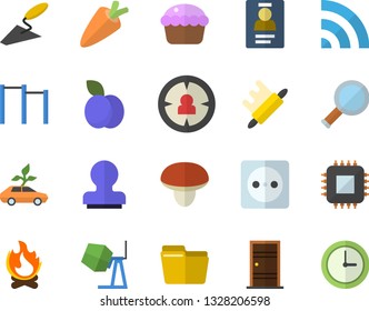 Color flat icon set concrete mixer flat vector, trowel, Entrance door, rolling pin, mushroom, carrot, cupcake, plum, bonfire, socket, eco cars, motherboard, target audience, computer file, badge