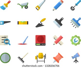 Color flat icon set concrete mixer flat vector, trowel, wheelbarrow, saw, paint brush, level meter, measure, repair, putty knife, weighing machine, whisk, sieve, rake, scalpel, magnifier, pencil