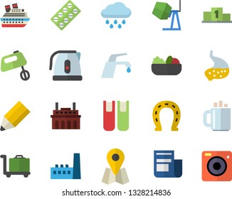 Color flat icon set concrete mixer flat vector, faucet, electric kettle, salad, horseshoe, rain, manufactory, plant, location, news, pill packaging, stomach, coffee, pencil, book, pedestal, camera
