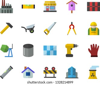 Color flat icon set concrete mixer flat vector, drill screwdriver, saw, level meter, tile, hammer, barrier, nesting box, grain warehouse, garden wheelbarrow, house, gloves, plant, pipe production