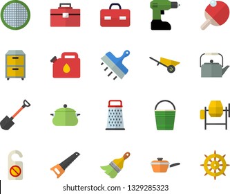 Color flat icon set concrete mixer flat vector, wheelbarrow, drill screwdriver, saw, tool bag, paint brush, putty knife, saucepan, saute, teapot, sieve, grater, shovel, bucketful, canister, archive