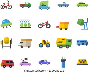 Color flat icon set concrete mixer flat vector, pickup truck, tractor, sprinkling machine, eco cars, electric, autopilot, trucking, express delivery, ufo, bicycle, bus fector, airport tower, taxi