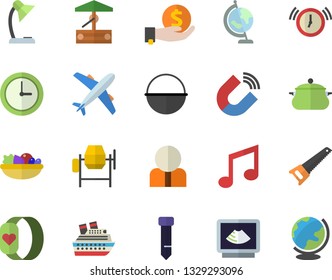 Color flat icon set concrete mixer flat vector, saw, saucepan, cauldron, salad, well, magnet, person, investments, ultrasound, reading lamp, tie, globe, fitness bracelet, aircraft fector, clock