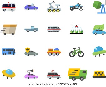 Color flat icon set concrete mixer flat vector, pickup truck, sprinkling machine, eco cars, electric, autopilot, trucking, express delivery, ambulance, lunar rover, ufo, bicycle, train fector, bus