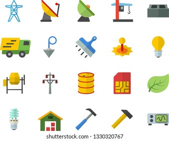 Color flat icon set concrete mixer flat vector, putty knife, construction plummet, brick, hammer, tree leaf, oil tanks, lamp, power line support, energy saving, crane, satellite antenna, laser