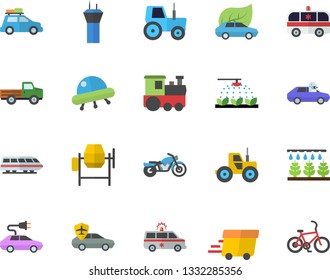 Color flat icon set concrete mixer flat vector, pickup truck, tractor, sprinkling machine, eco cars, electric, autopilot, express delivery, ambulance, ufo, train fector, car, airport tower, bicycle