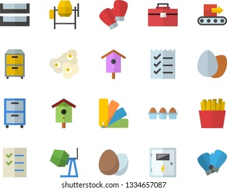 Color flat icon set concrete mixer flat vector, tool bag, color scheme, switch box, egg, French fries, popcorn, nesting, conveyor, to do list, paper tray, archive, boxing gloves