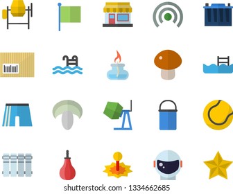 Color flat icon set concrete mixer flat vector, heating batteries, hiking pot, mushroom, grain warehouse, accumulator, laser, flag, barcode, gas burner, astronaut helmet fector, sports pear, pool