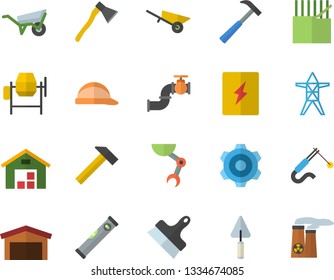 Color flat icon set concrete mixer flat vector, trowel, wheelbarrow, cogwheel, level meter, hard hat, switch box, putty knife, ax, hammer, main pipeline, power line support, fabric manufacture