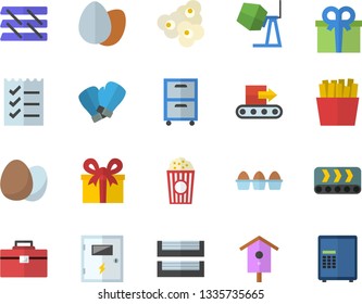Color flat icon set concrete mixer flat vector, tool bag, switch box, egg, French fries, popcorn, nesting, conveyor, present, to do list, paper tray, archive, boxing gloves, safe fector