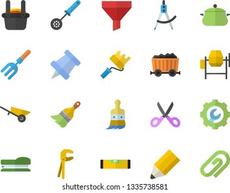 Color flat icon set concrete mixer flat vector, wheelbarrow, tool, paint brush, roller, level meter, repair, saucepan, kitchen spoon, scissors, pitchfork, dividers, mining, metallurgy, funnel, clip