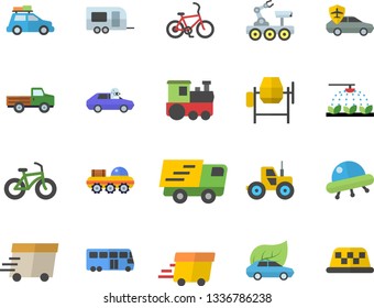 Color flat icon set concrete mixer flat vector, pickup truck, tractor, sprinkling machine, eco cars, autopilot, trucking, express delivery, lunar rover, ufo, bicycle, train fector, car, trailer, bus