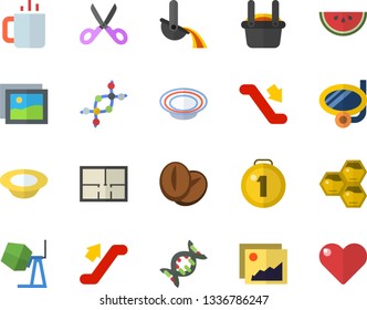 Color flat icon set concrete mixer flat vector, house layout, scissors, watermelon, dish, coffee beans, tea, honeycomb, metallurgy, dna, medal, escalator fector, swimming mask, gallery, heart