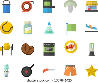 Color Flat Icon Set Concrete Mixer Flat Vector, Hiking Pot, Teflon, Electric Stove, Mushroom, Coffee Beans, Grain Warehouse, Hose, Knife, Energy Saving Lamp, Flag, Sell Out, Medical Analysis