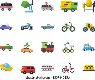 Color flat icon set concrete mixer flat vector, pickup truck, tractor, eco cars, autopilot, trucking, ambulance, lunar rover, ufo, bicycle, train fector, car, motorcycle, taxi