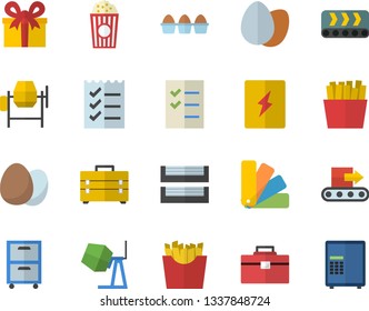 Color flat icon set concrete mixer flat vector, tool bag, color scheme, switch box, egg, French fries, popcorn, conveyor, present, to do list, paper tray, archive, safe fector