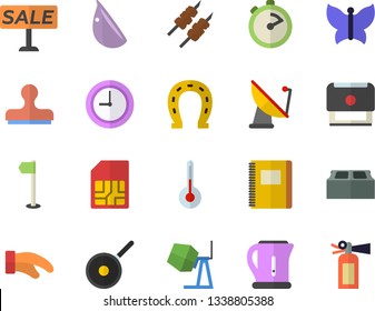 Color flat icon set concrete mixer flat vector, brick, teflon, electric kettle, potholder, stopwatch, temperature, shashlik, garlic, horseshoe, butterflies, satellite antenna, SIM card, sell out