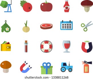 Color flat icon set concrete mixer flat vector, potholder, mushroom, chop, onion, tomato, wine, cranberry, ketchup, tractor, purse, calendar, present, blood test, magnet, lifebuoy fector, scissors