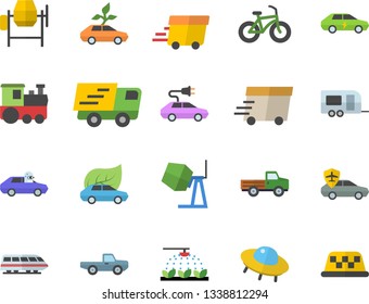 Color flat icon set concrete mixer flat vector, pickup truck, sprinkling machine, eco cars, electric, autopilot, trucking, express delivery, ufo, bicycle, train fector, trailer, taxi