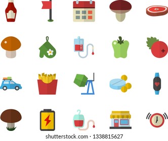 Color flat icon set concrete mixer flat vector, potholder, ketchup, mushroom, chop, bell pepper, French fries, cranberry, grain warehouse, battery, pills, blood transfusion, sports flag, car fector
