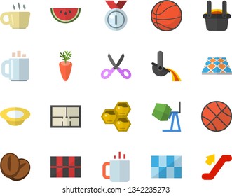 Color flat icon set concrete mixer flat vector, house layout, tile, flooring, scissors, watermelon, dish, coffee beans, carrot, tea, honeycomb, metallurgy, medal, basketball, escalator fector