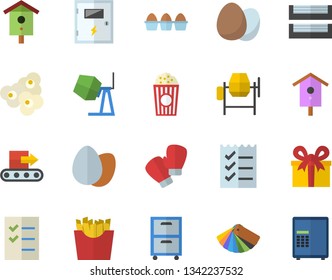 Color flat icon set concrete mixer flat vector, color scheme, switch box, egg, French fries, popcorn, nesting, conveyor, present, to do list, paper tray, archive, boxing gloves, safe fector
