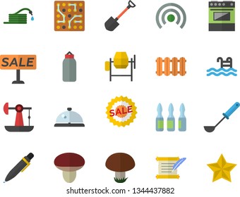 Color flat icon set concrete mixer flat vector, heating batteries, ladle, electric stove, mushroom, shovel, hose, oil pumping, sell out, ampoule, pen, hostory roll, electronic circuit, sports pear