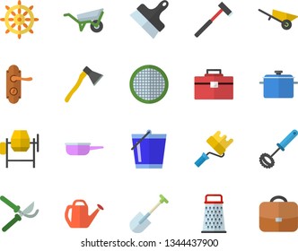 Color flat icon set concrete mixer flat vector, wheelbarrow, tool bag, paint roller, door lock, putty knife, ax, saucepan, saute, whisk, sieve, grater, shovel, secateurs, watering can, bucketful